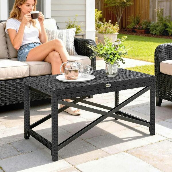 Outdoor Coffee Table Side Table with X-Shape Frame for Patio, Balcony, Black