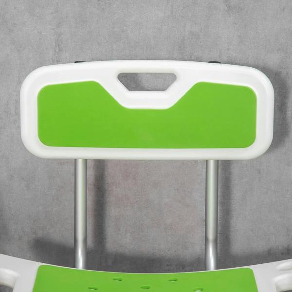 Green shower stool backrest with a centered hand grip and white frame.