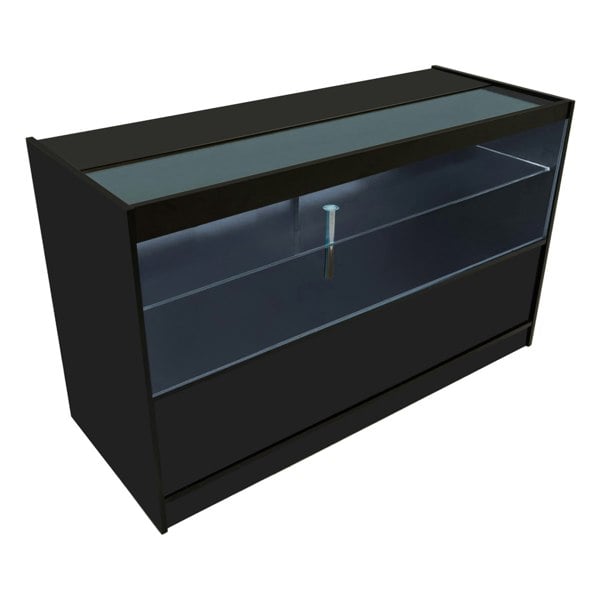 Harmonia LED Shop Counter Set in black, featuring a sleek design, glass display area, and modern LED lighting for enhanced visibility