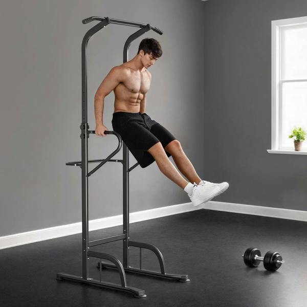 Black power tower dip station with pull-up bar and side handles for bodyweight workouts