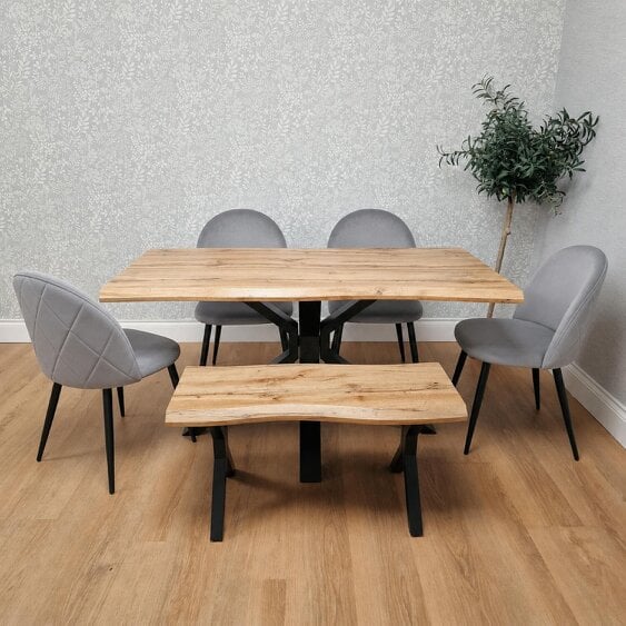 Kosy Koala Rustic Wood-Effect Wavy X-Shaped Legs Dining Table Set with 4 Grey Chairs & Bench, 140x80x75cm