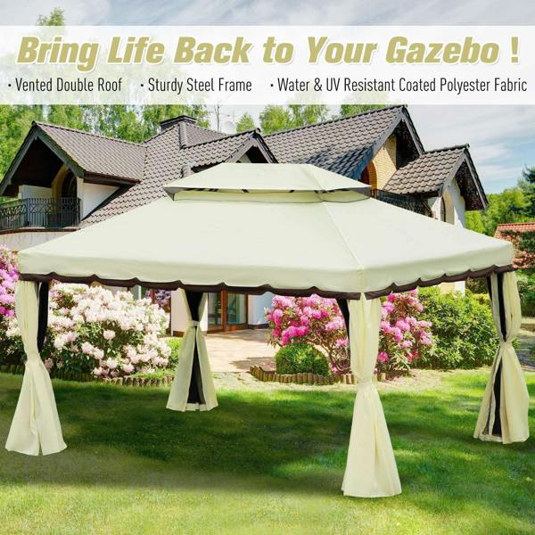 Cream double-roof garden gazebo with curtains set up on backyard lawn