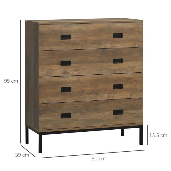 Brown wooden four-drawer dresser with black handles and metal legs; dimensions shown