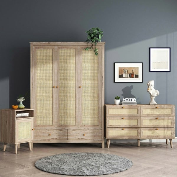 Swish Furniture Willow Rattan 3 Piece Bedroom Set with 3 Door Wardrobe, Bedside Table & Chest of 6 Drawers
