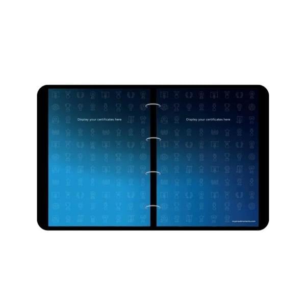 Blue notebook with binary code for proud moments certificate case