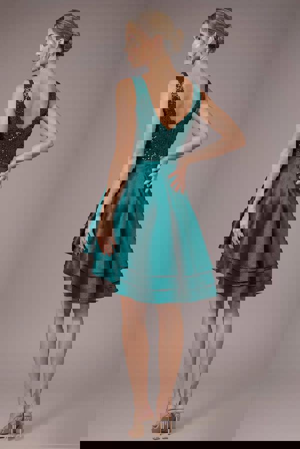 Sequin And Satin Tiered Hi-Low Mini Skater Dress - Emerald Green DR1317PB