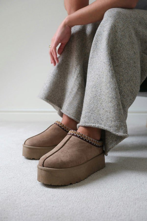 Where's That From Allegra Flatform Embroidered Low Ankle Slipper Boots in Camel Suede