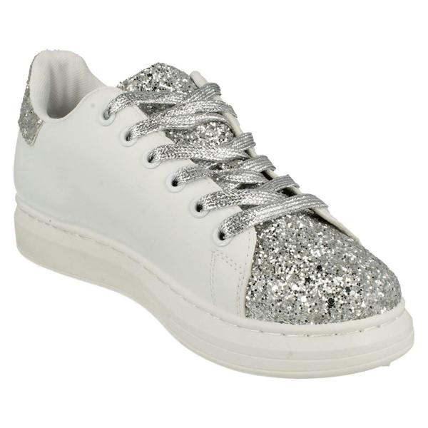 Spot On Ladies Spot On Lace Up Trainer Pump with Glitter