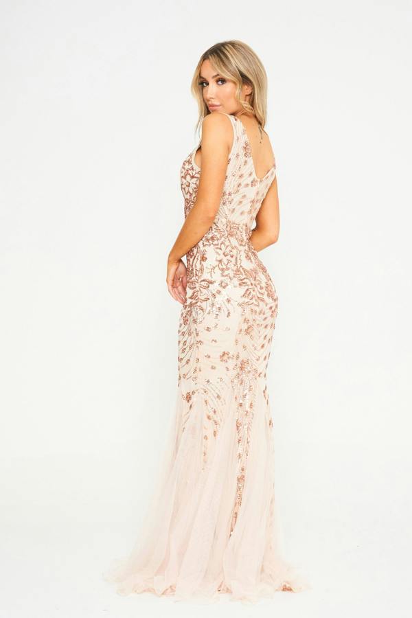 LuvForever Ember - Champagne Mesh Sequin Maxi Dress