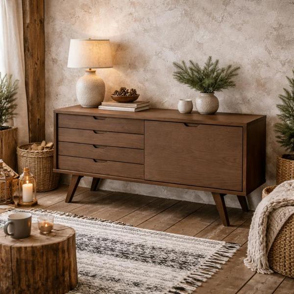 Wyld Haus Jyvaskyla Dark Oak Wood Sideboard 4 Drawers 1 Sliding Door