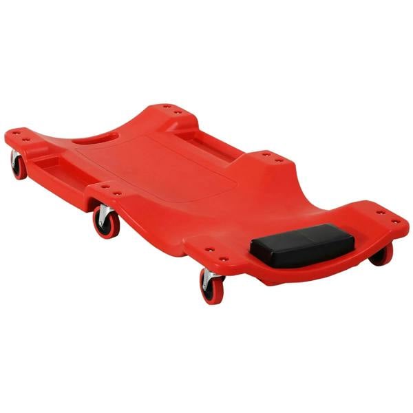 Red mechanic vehicle creeper with black headrest pad and four rolling caster wheels
