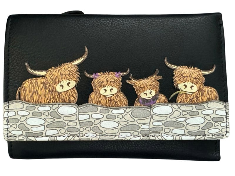 Mala Leather Highland Cow Family RFID Large Trifold Leather Purse