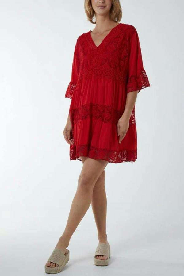 Hoxton Gal Oversized 3/4 Sleeves Lace Detailed V Neck Mini Dress in Red