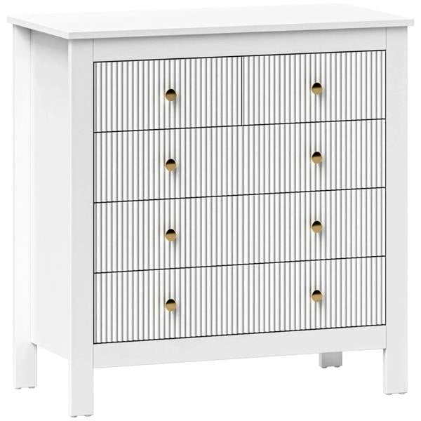 White chest of five drawers with striped fronts and round gold knobs, raised legs