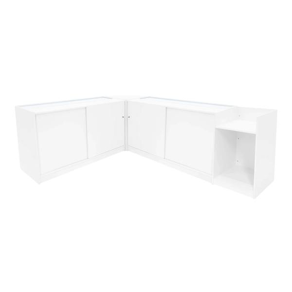 Astro LED Shop Counter Set in white, featuring sleek design with smooth surfaces, storage cabinets, and a modern corner layout