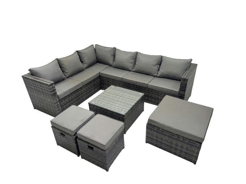 Fimous Rattan Garden Furniture Patio Furniture Sets with Corner Sofa Square Coffee Table 3 Footstools Dark Grey Mixed