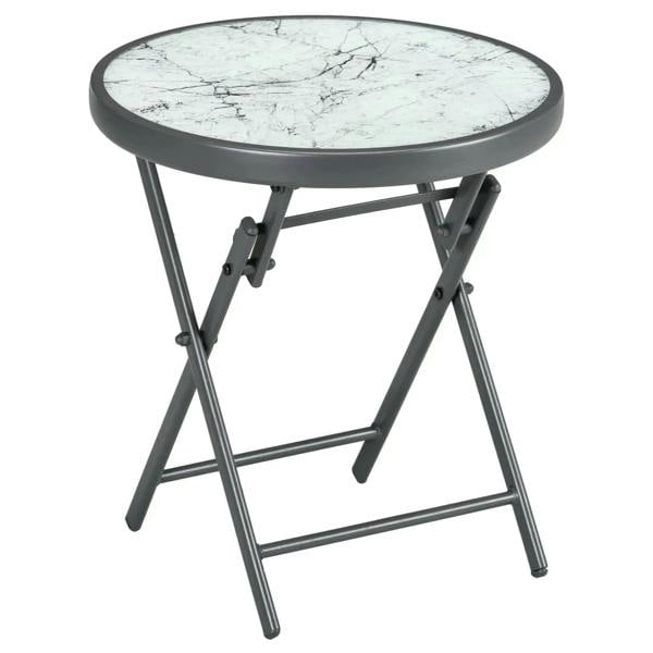 Round folding outdoor side table with white marble-look glass top