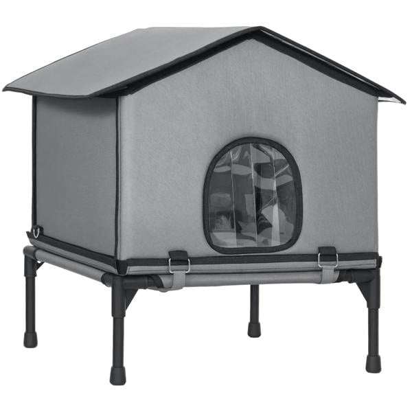 Grey outdoor cat house with insulated fabric walls, arched window, and elevated foldable base