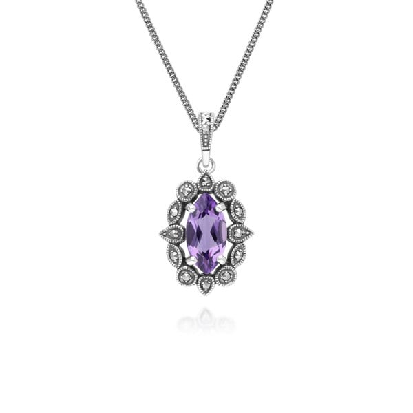 Gemondo Art Deco Style Marquise Amethyst & Marcasite Pendant Necklace in Sterling Silver