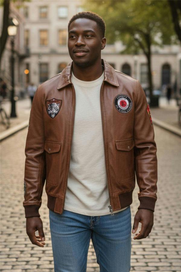 Infinity Leather Men’s Leather Bomber G-1 Aviator Collar Jacket  - Maverick