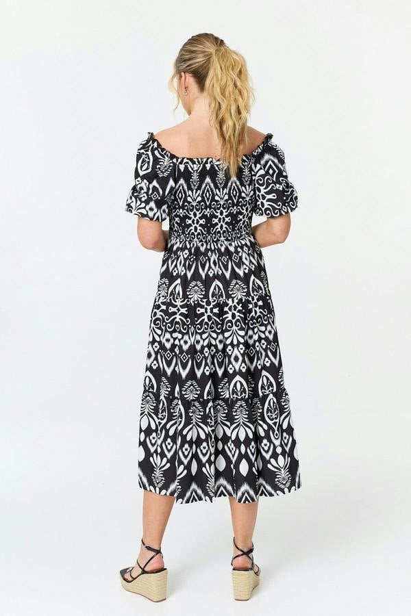 Black | Abstract Bardot Puff Sleeve Midi Dress