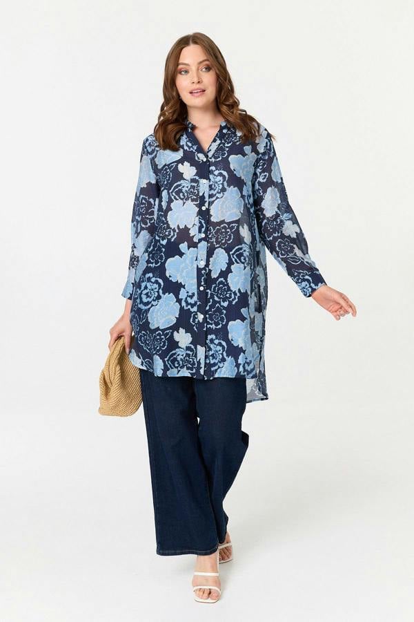Navy | Floral Longline Long Sleeve Shirt
