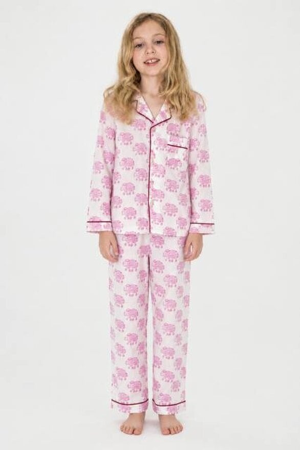 Kids Elephant print pyjamas in woodblock print cotton voile. Available in pink, blue & Green