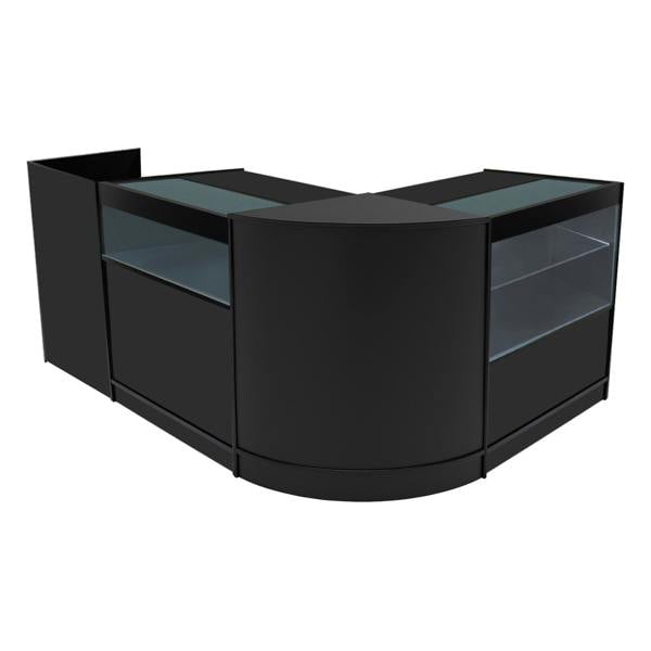 Black Gravity LED Shop Counter Set featuring sleek curved design, glass display shelves, and modern finish, ideal for retail spaces