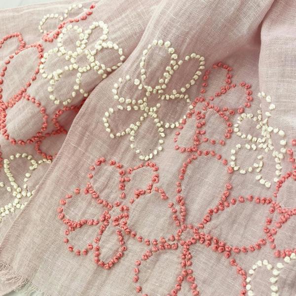 Hayley & Co Hand Embroidered 100% Linen Scarf in Pale Pink with French Knot Flower details