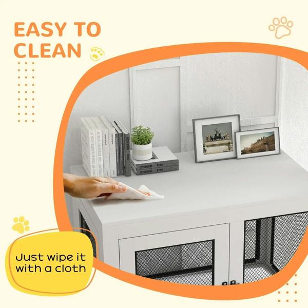White dog cage and side table with mesh door, cleaning wipe concept inset