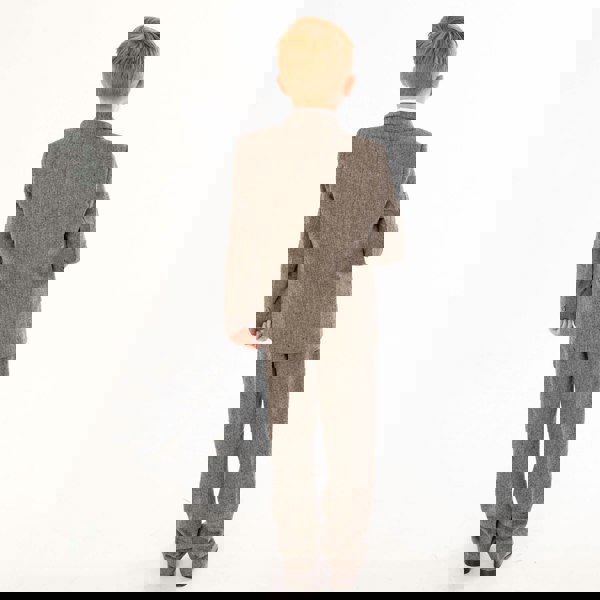 Back of a boy wearing a Grey Herringbone 5 Piece suit