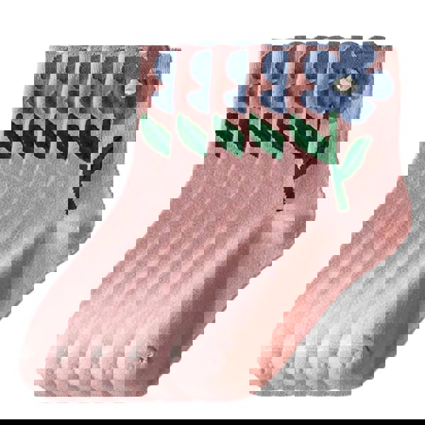 Anyfootwear 5 Pairs One Size 5-8 Pink Orchid Style Cartoon Flower With Candy Color Kawaii Mid Tube Breathable Casual Short Socks For Women