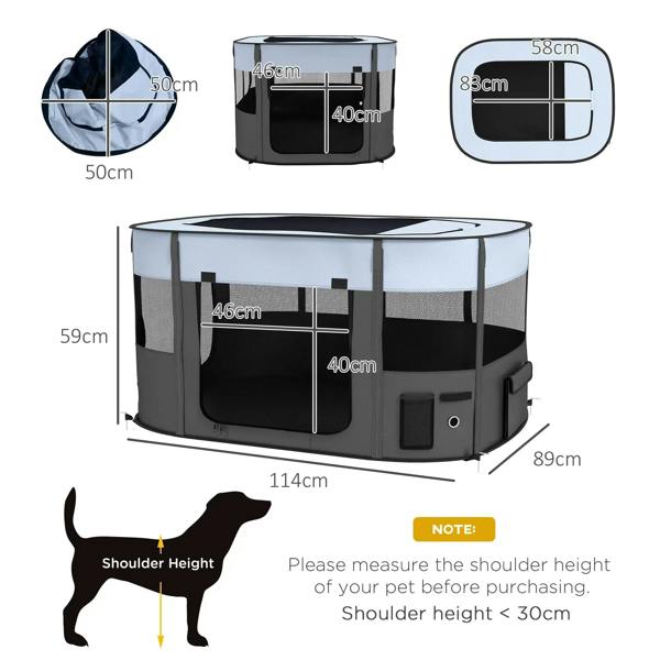 Grey foldable dog playpen with black mesh panels, front door, and top cover