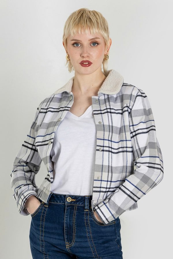ENORSIA White Plaid Check Borg Collar Shacket
