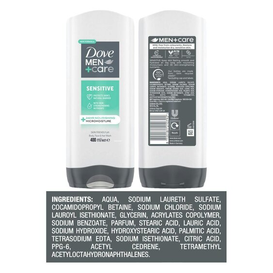 Dove Men+Care Sandalwood + Vanilla 3-in-1 Hair, Face and Body Wash 6x400ml