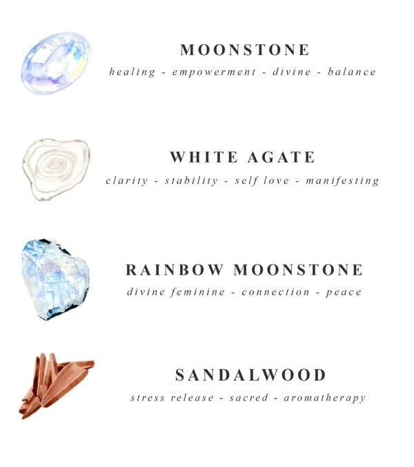 Healing properties and benefits of moonstone, white agate, rainbow moonstone, and sandalwood for yoga mala use
