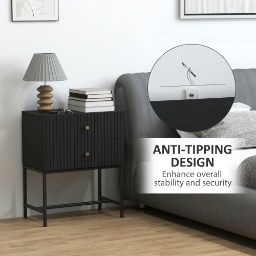 Wyld Haus Nafico Black and Gold Elegant 2 Drawer Ribbed  Bedside Table