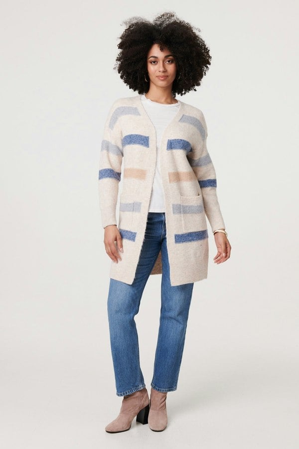Beige | Striped V-Neck Longline Relaxed Cardigan
