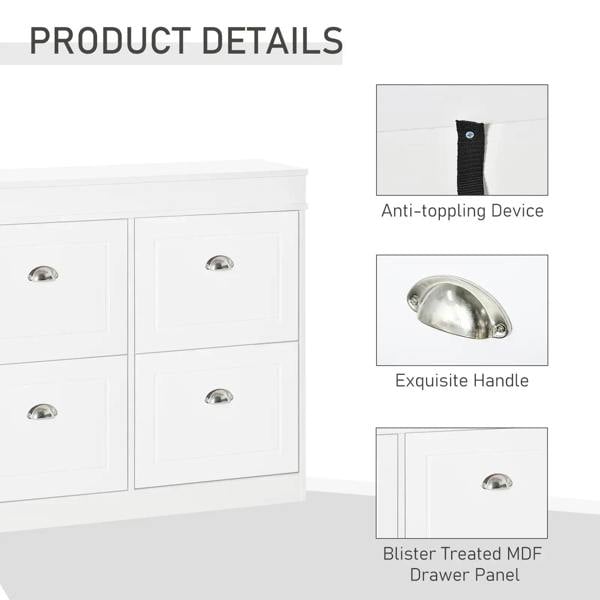White shoe cabinet detail: silver handles, anti-tipping device, MDF drawer panel