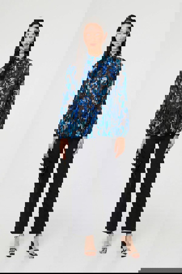 Blue | Printed Pleated Long Sleeve Tunic Blouse
