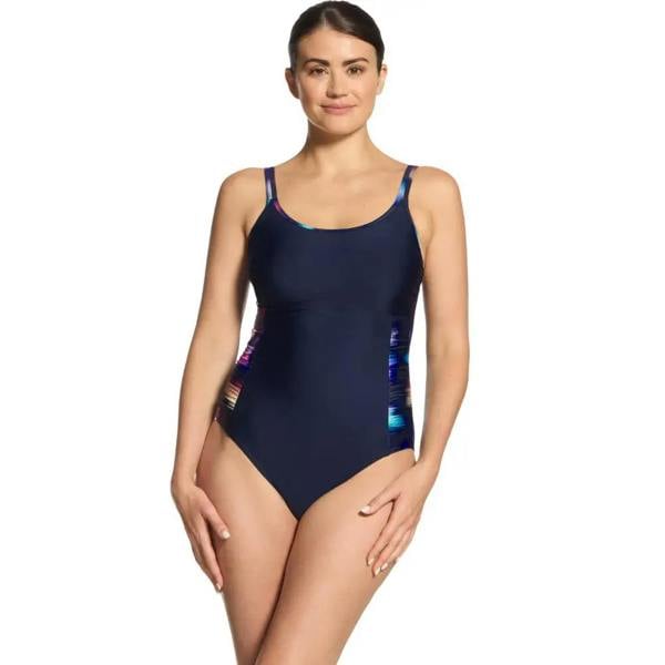 Navy Zoggs Zephyr Multiway Swimsuit with colorful abstract sides
