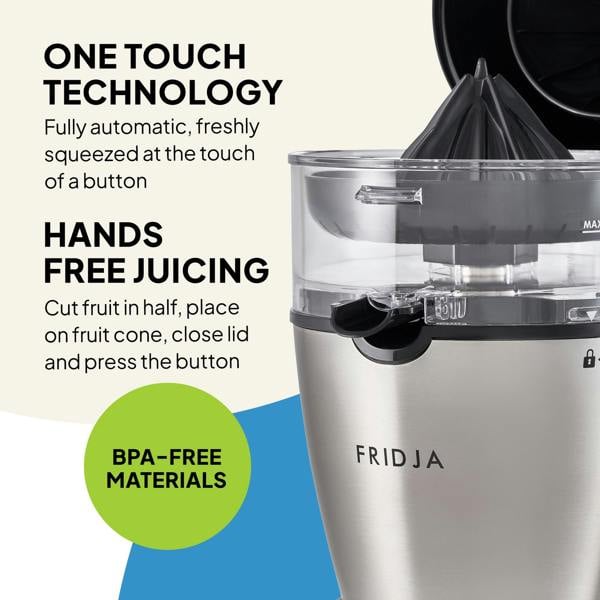 A close-up of the Fridja Citrus & Juice Duo – f900 Automatic Citrus Juicer & f1900 Cold Press Juicer, featuring one-touch technology, hands-free juicing, BPA-free materials, and advanced cold-press masticating technology.