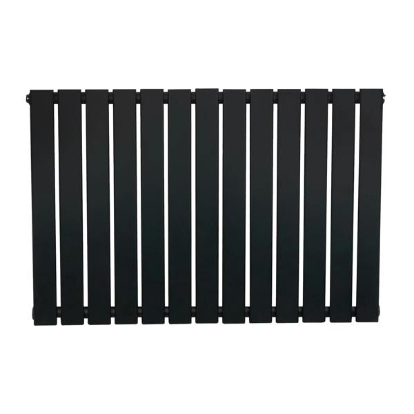 Flat single column radiator in sleek black finish, measuring 600 x 910mm, features a modern design with vertical slats and smooth texture