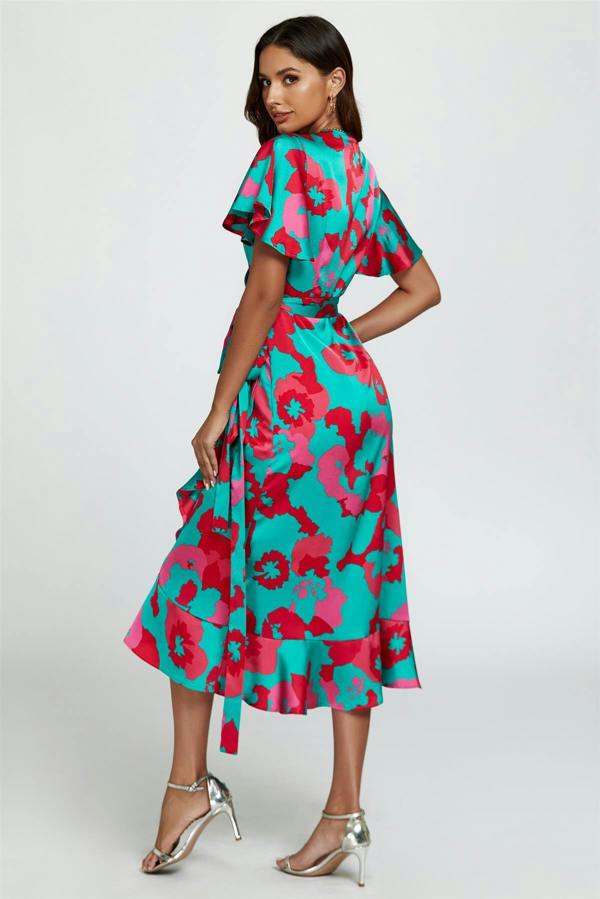 FS Collection Leopard Print Angel Sleeve Wrap Midi Blue Pink