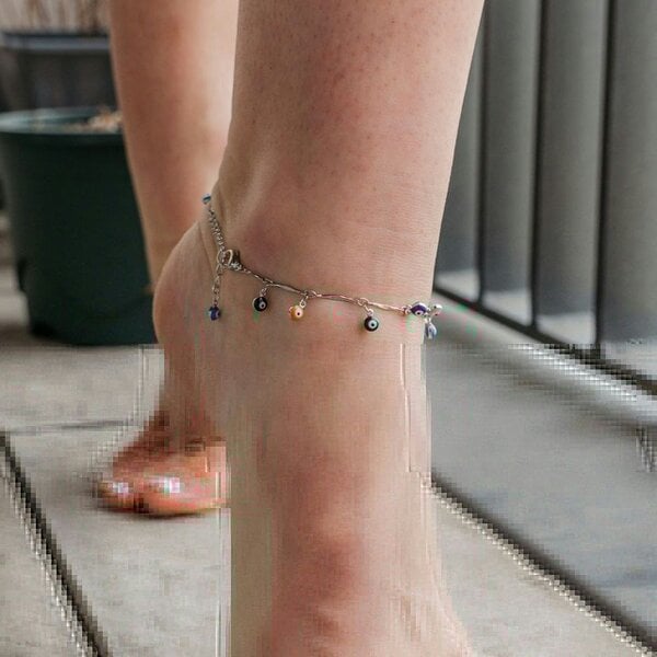 The Colourful Aura Dainty Colourful Evil Eye Beaded Dangly Protection Foot Anklet - Silver