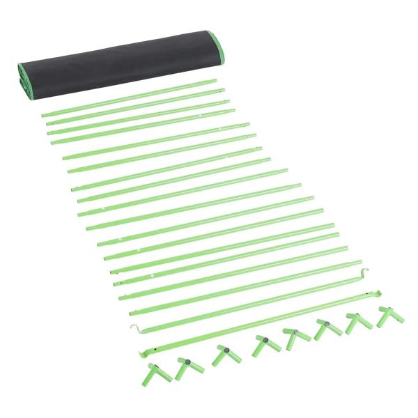 Grow tent support rods and clamps with green ends for frame assembly