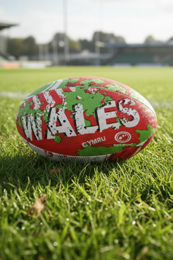 Red, green and white Optimum Wales rugby ball with WALES CYMRU print on a grass pitch by a stadium - Optimum