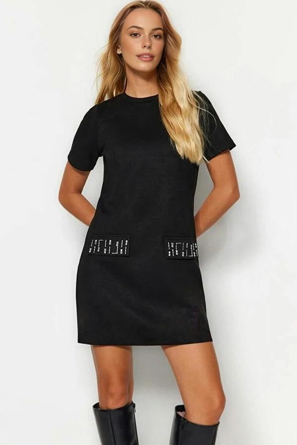 WOVCOR Crew Neck Mini Suede Knit Dress with Stone Detail