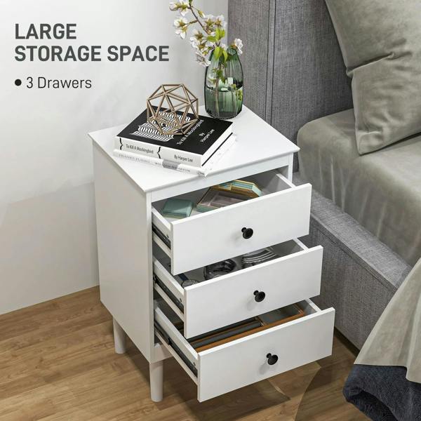 White three-drawer bedside table set, open drawer storage and black round handles.