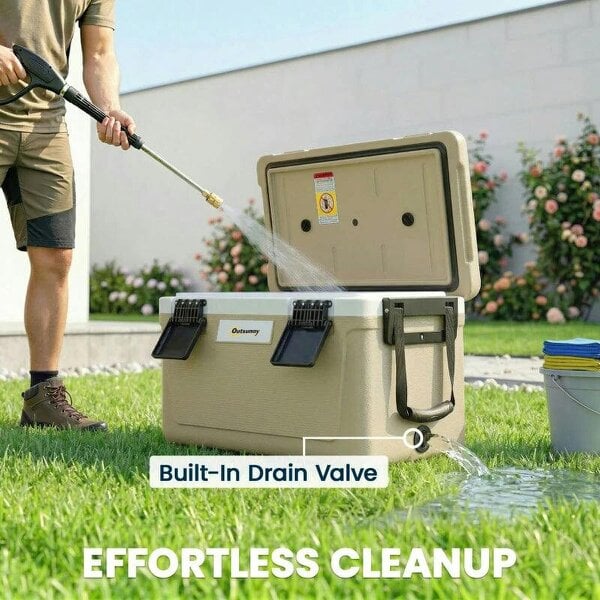 Bobobiy 42.6L Insulated Cool Box, Lightweight Portable Ice Cooler with Handle, Lid and Drain Valve, Khaki